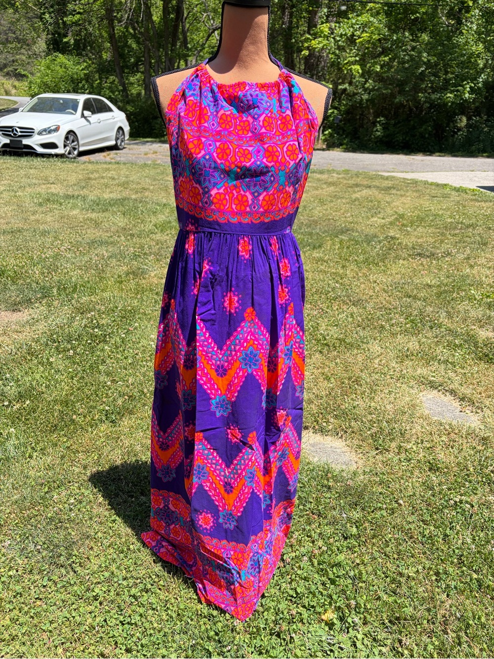 Sears Purple Halter Maxi Dress with Pink & Orange Floral Chevron Print